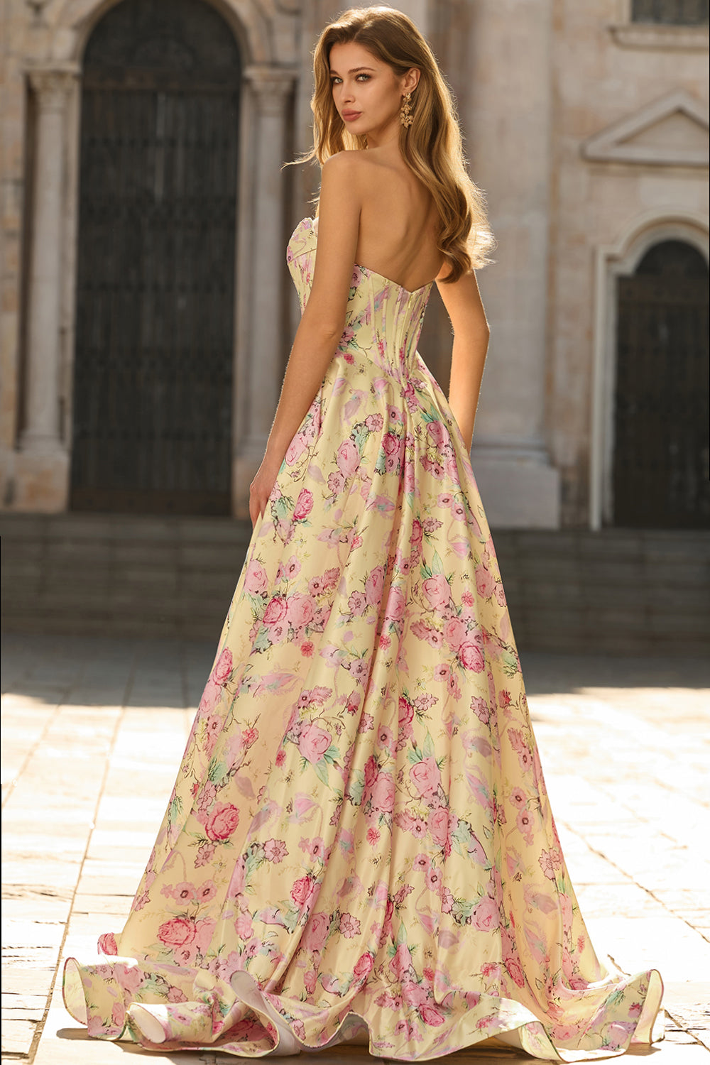 Strapless Yellow Pink Floral Corset A Line Prom Dress