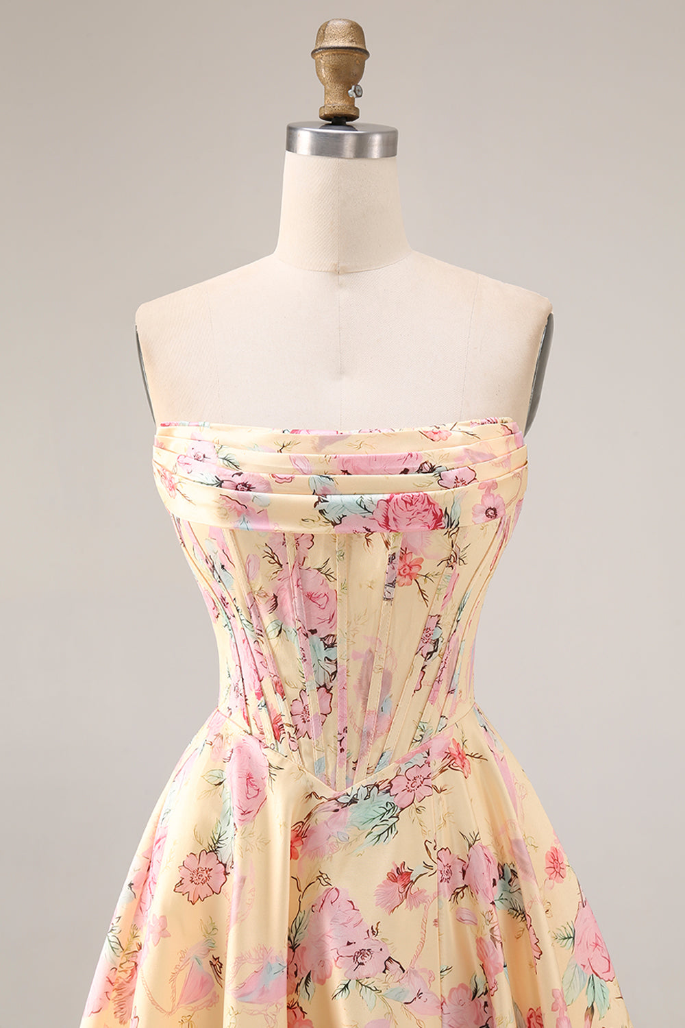 Strapless Yellow Pink Floral Corset A Line Prom Dress
