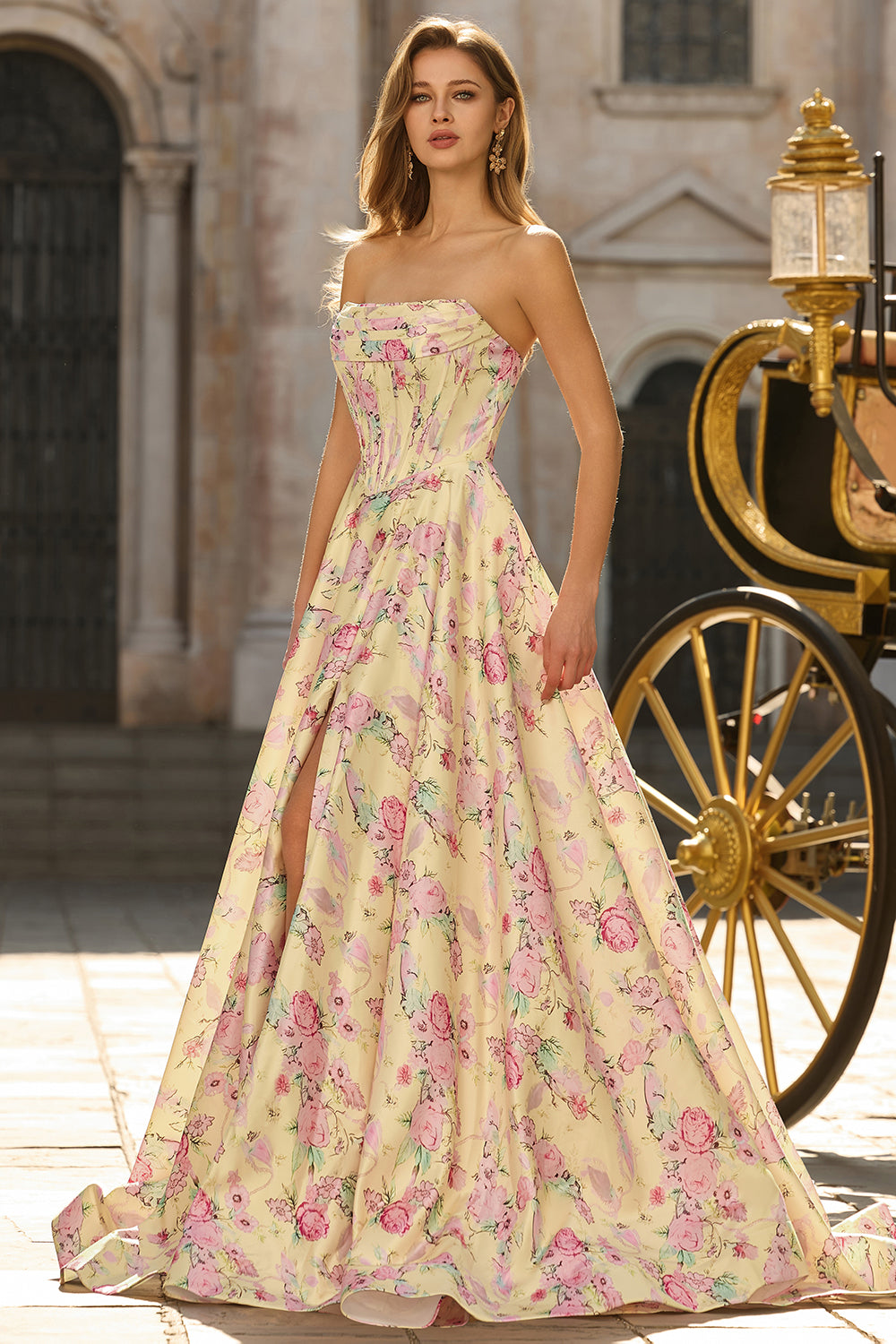 Yellow Pink Floral Strapless Corset A Line Prom Dress