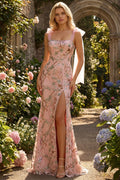 Floral Sequin Mermaid Pink Prom Dress with Bow