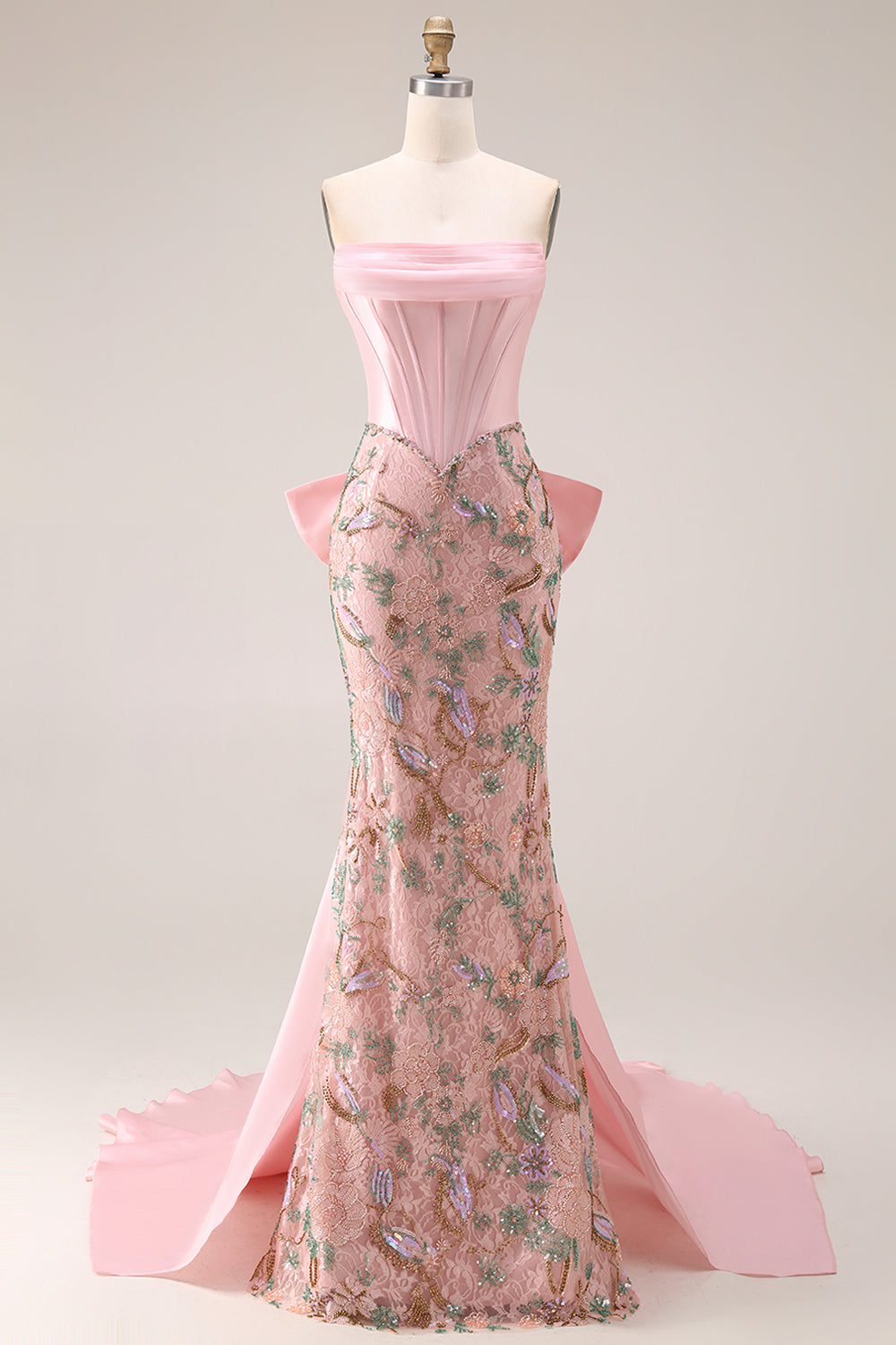 Strapless Corset Floral Pink Mermaid Beaded Prom Dress