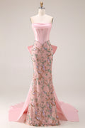 Strapless Corset Floral Pink Mermaid Beaded Prom Dress