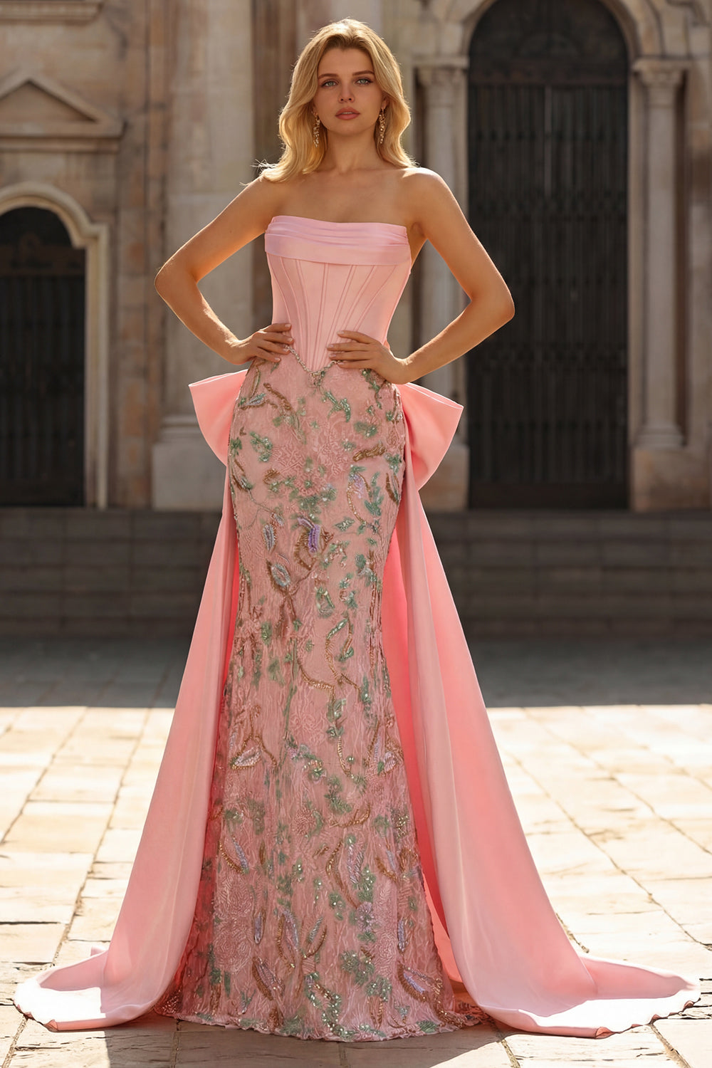 Strapless Corset Floral Pink Mermaid Beaded Prom Dress
