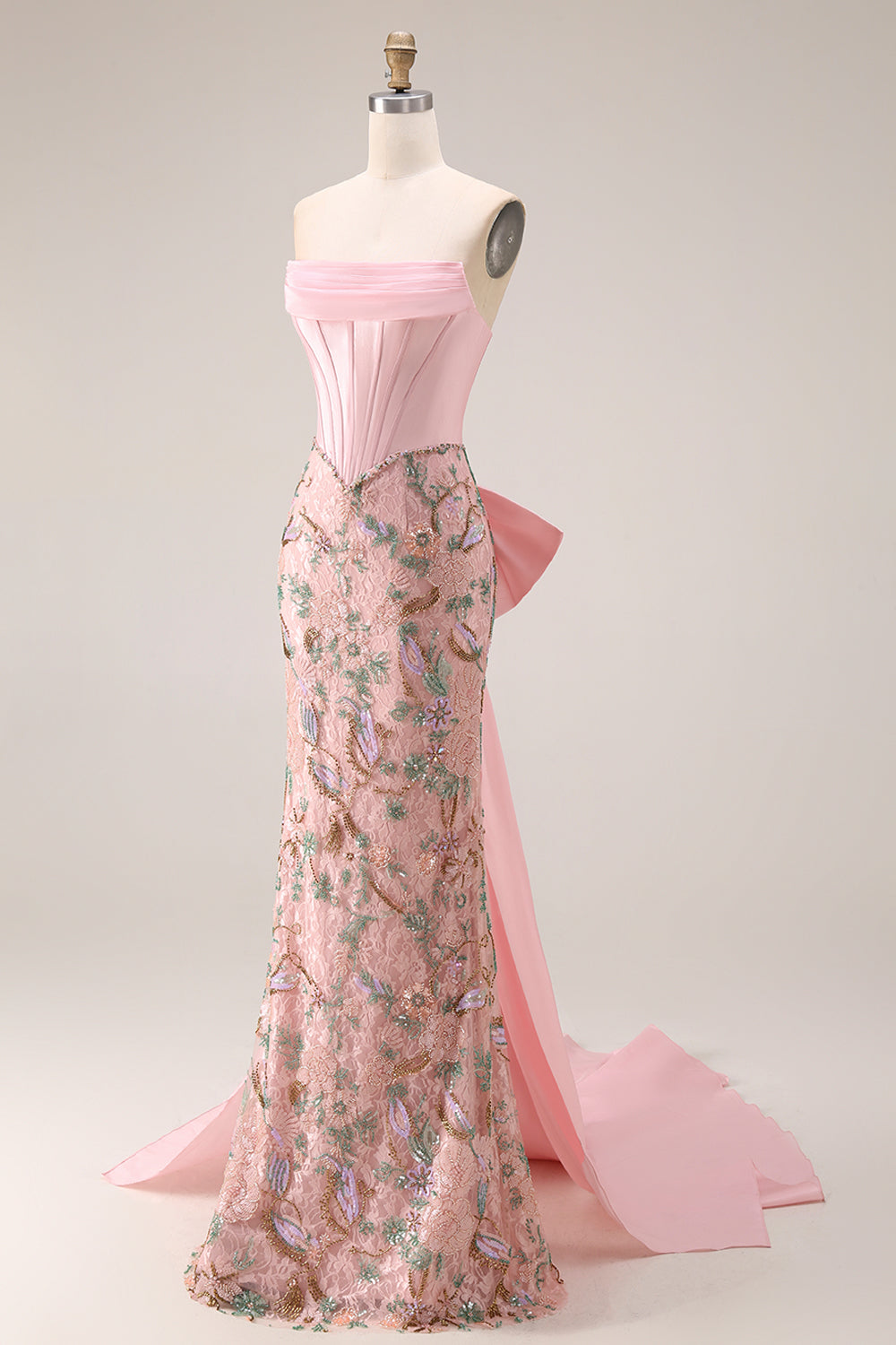 Strapless Corset Floral Pink Mermaid Beaded Prom Dress