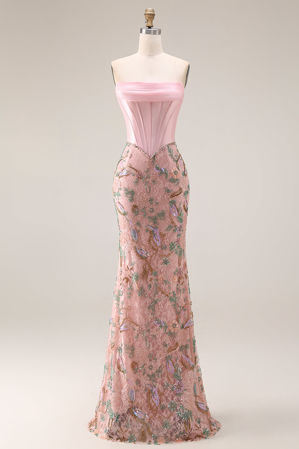 Strapless Corset Floral Pink Mermaid Beaded Prom Dress