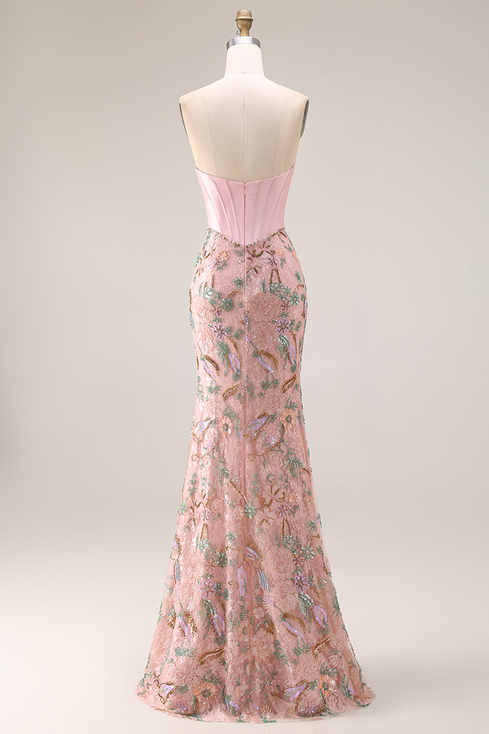 Strapless Corset Floral Pink Mermaid Beaded Prom Dress