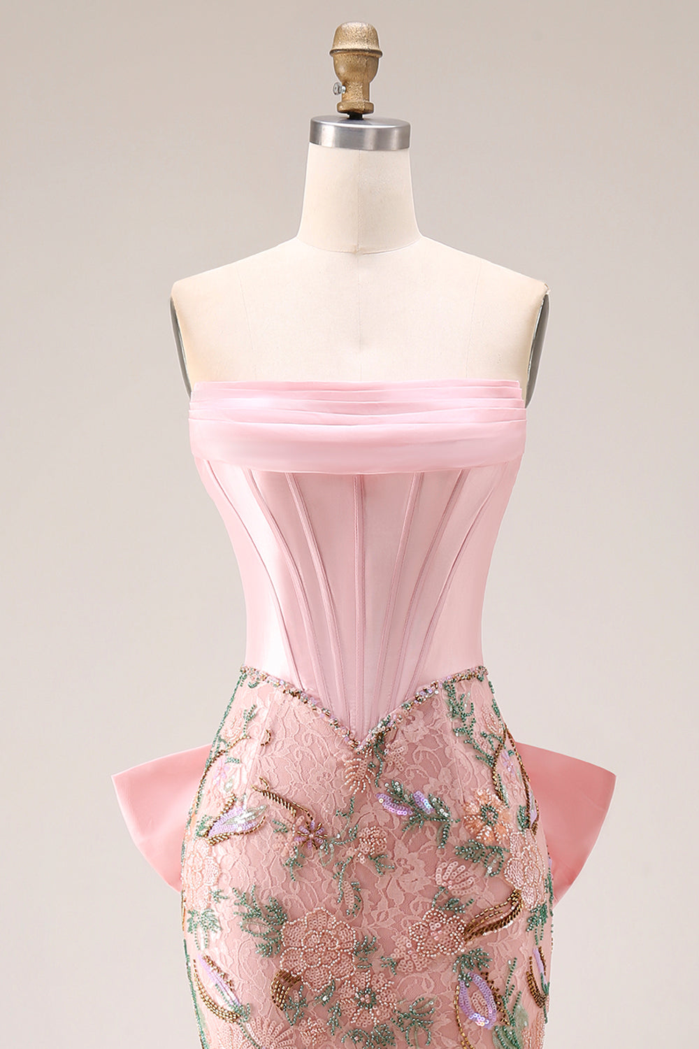 Strapless Corset Floral Pink Mermaid Beaded Prom Dress