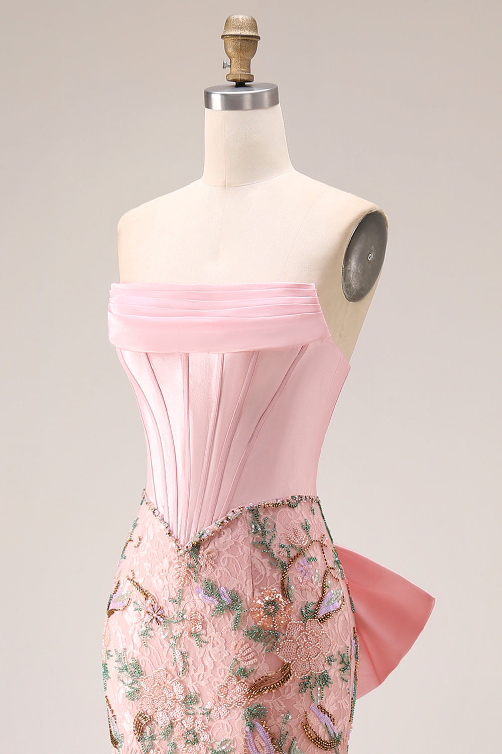 Strapless Corset Floral Pink Mermaid Beaded Prom Dress
