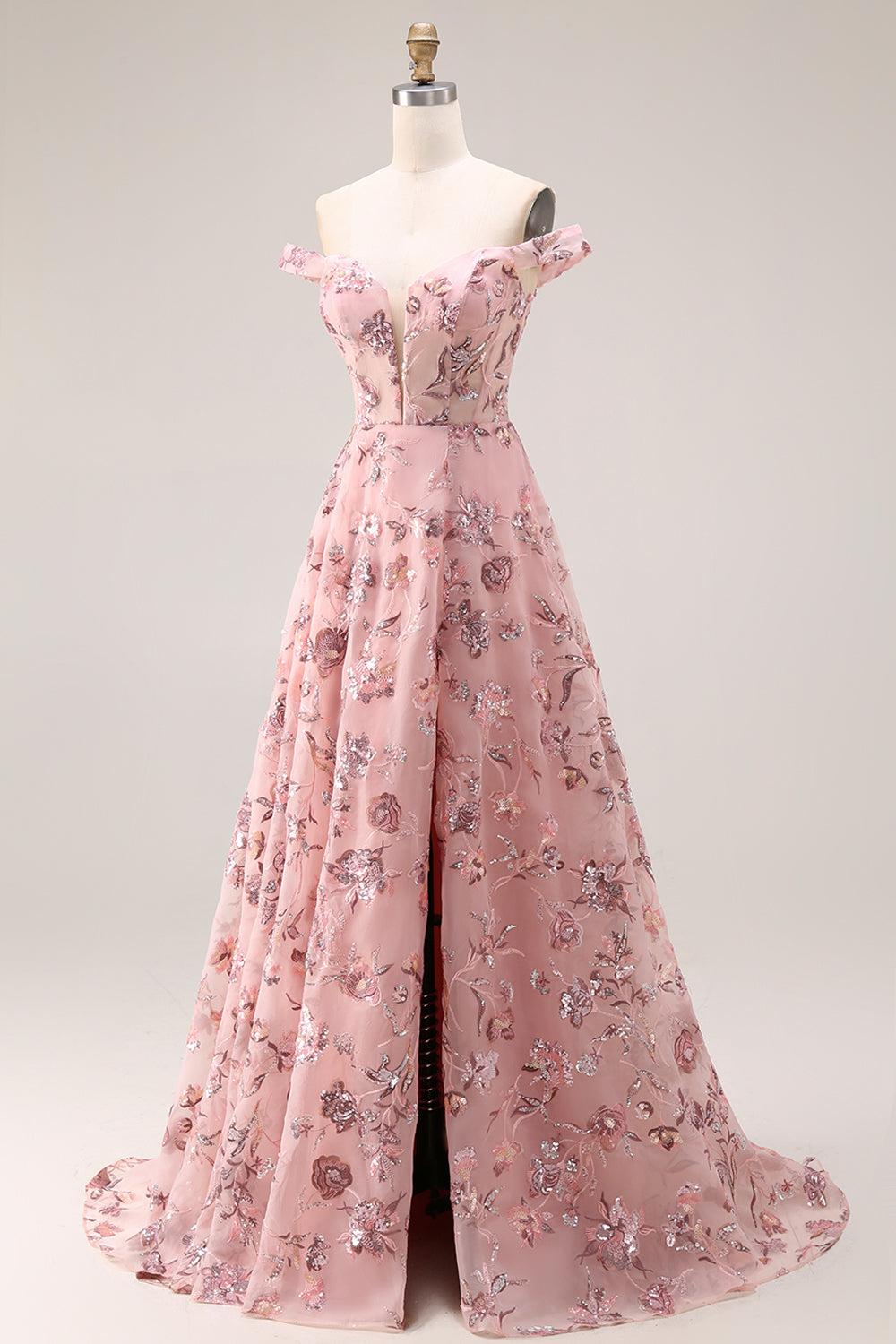 Off the Shoulder Corset Floral Blush A Line Prom Dress