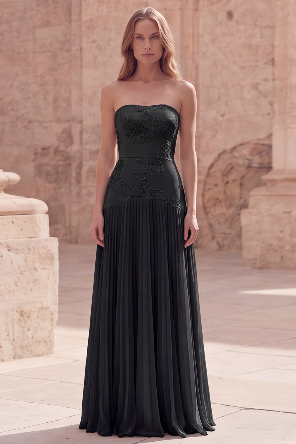Strapless Yellow A Line Appliqued Maxi Prom Dress