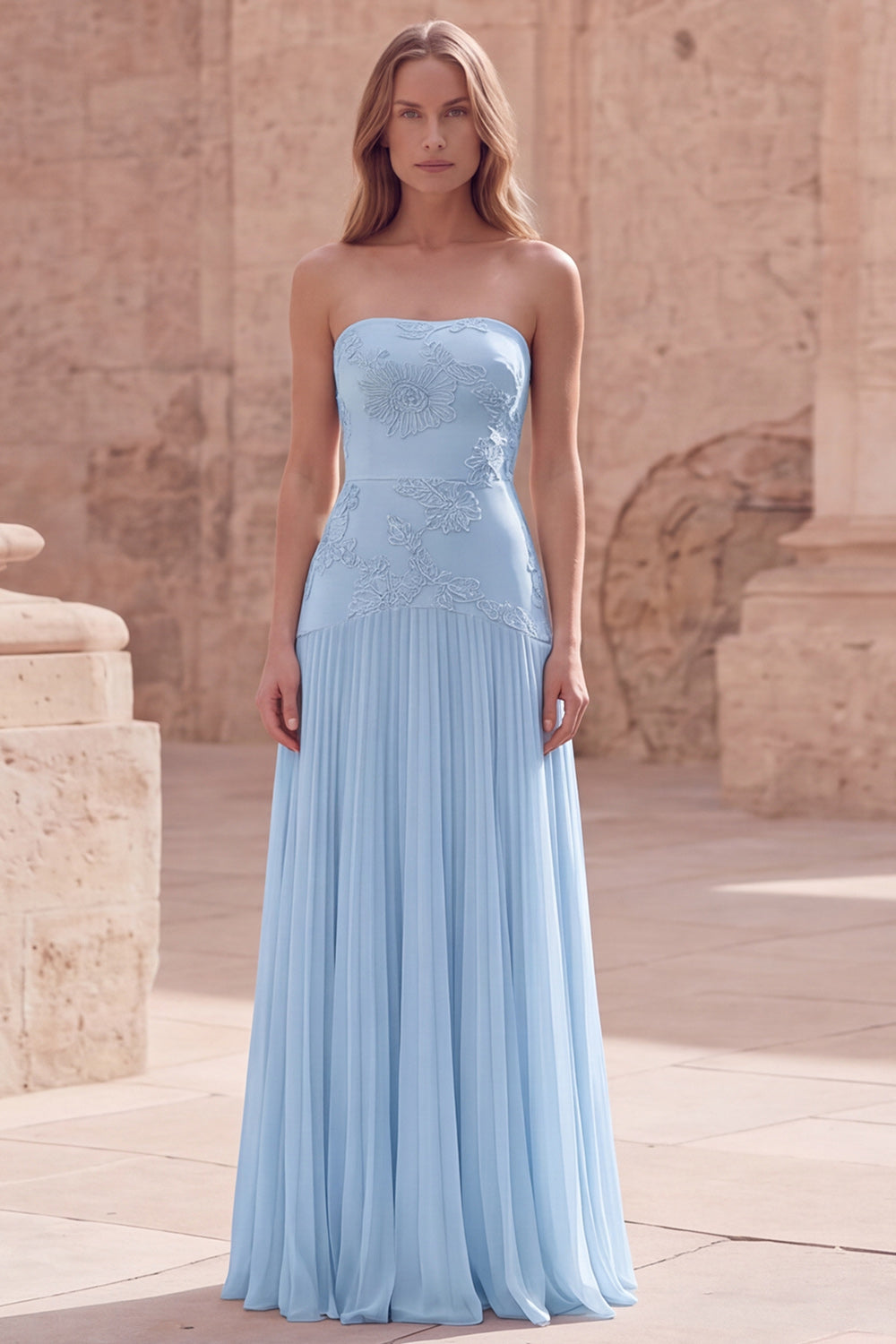 Strapless Yellow A Line Appliqued Maxi Prom Dress