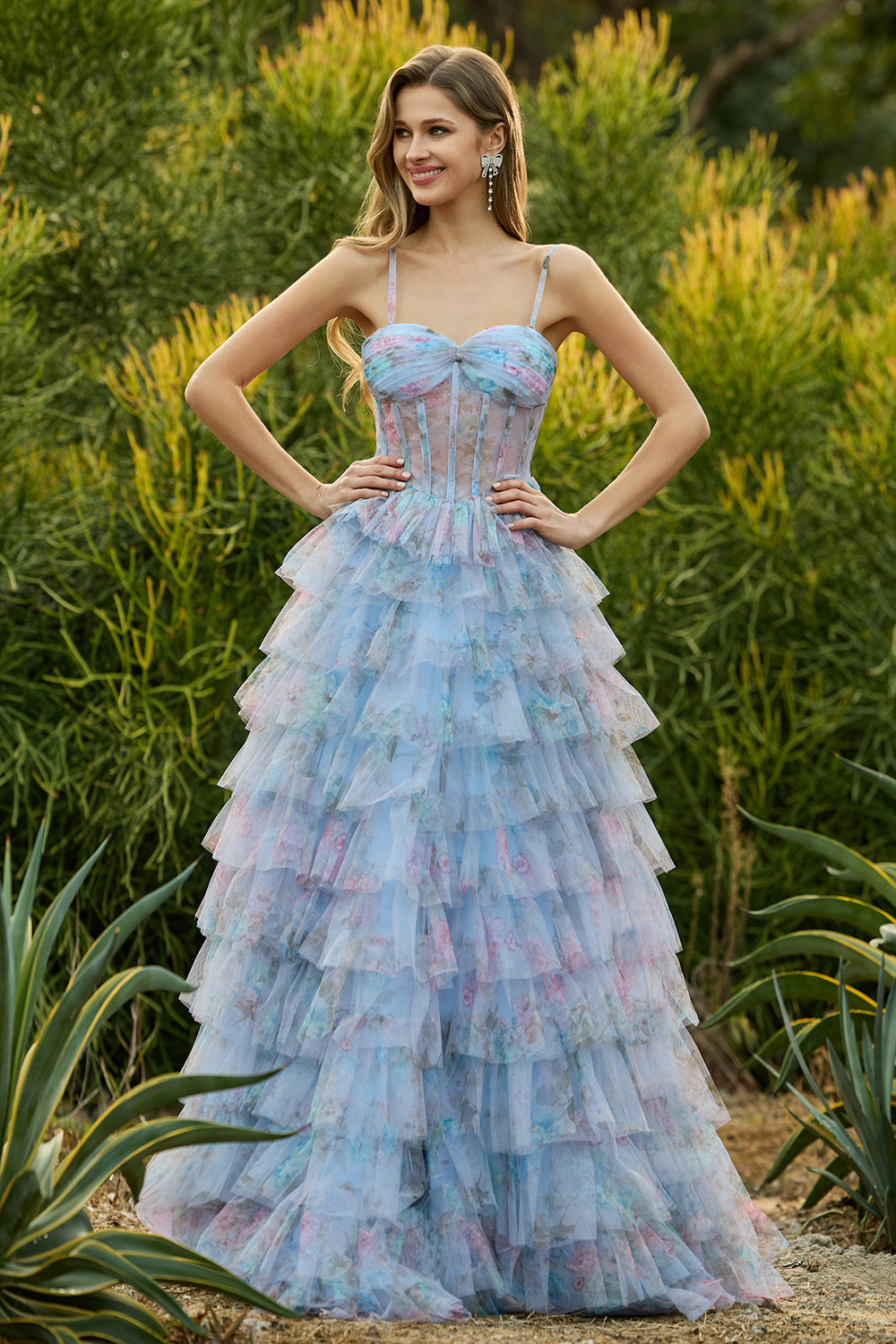 Blue Floral Tiered A-Line Corset Tulle Prom Dress With Slit