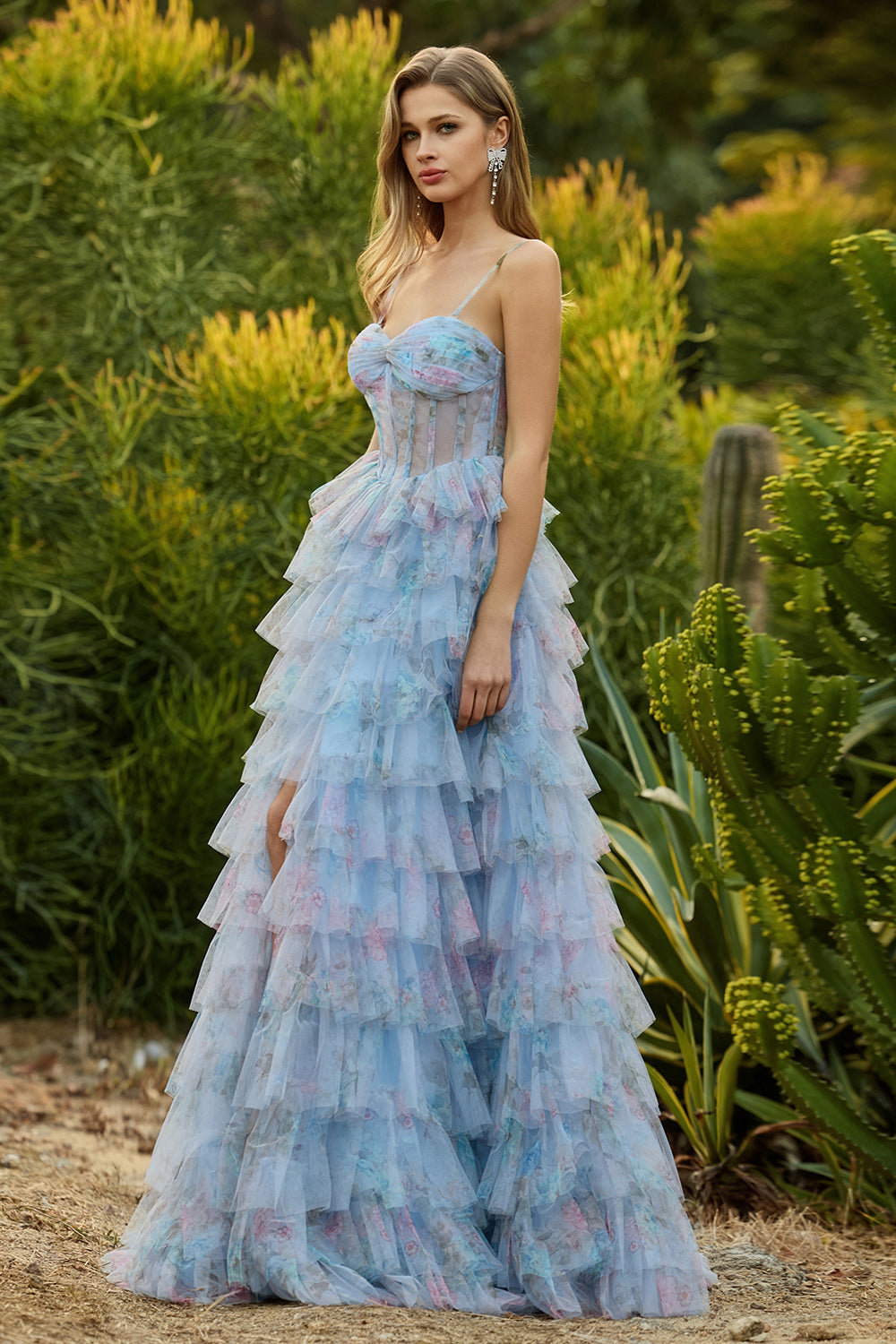 Blue Floral Tiered Corset Maxi Prom Dress