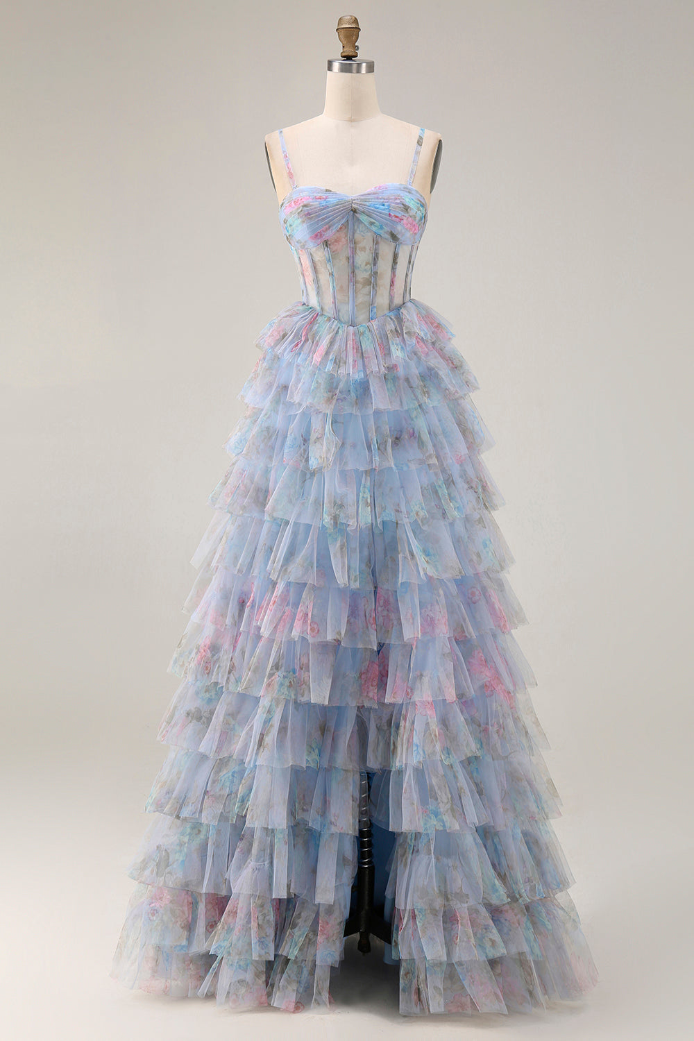 Blue Floral Tiered Corset Maxi Prom Dress
