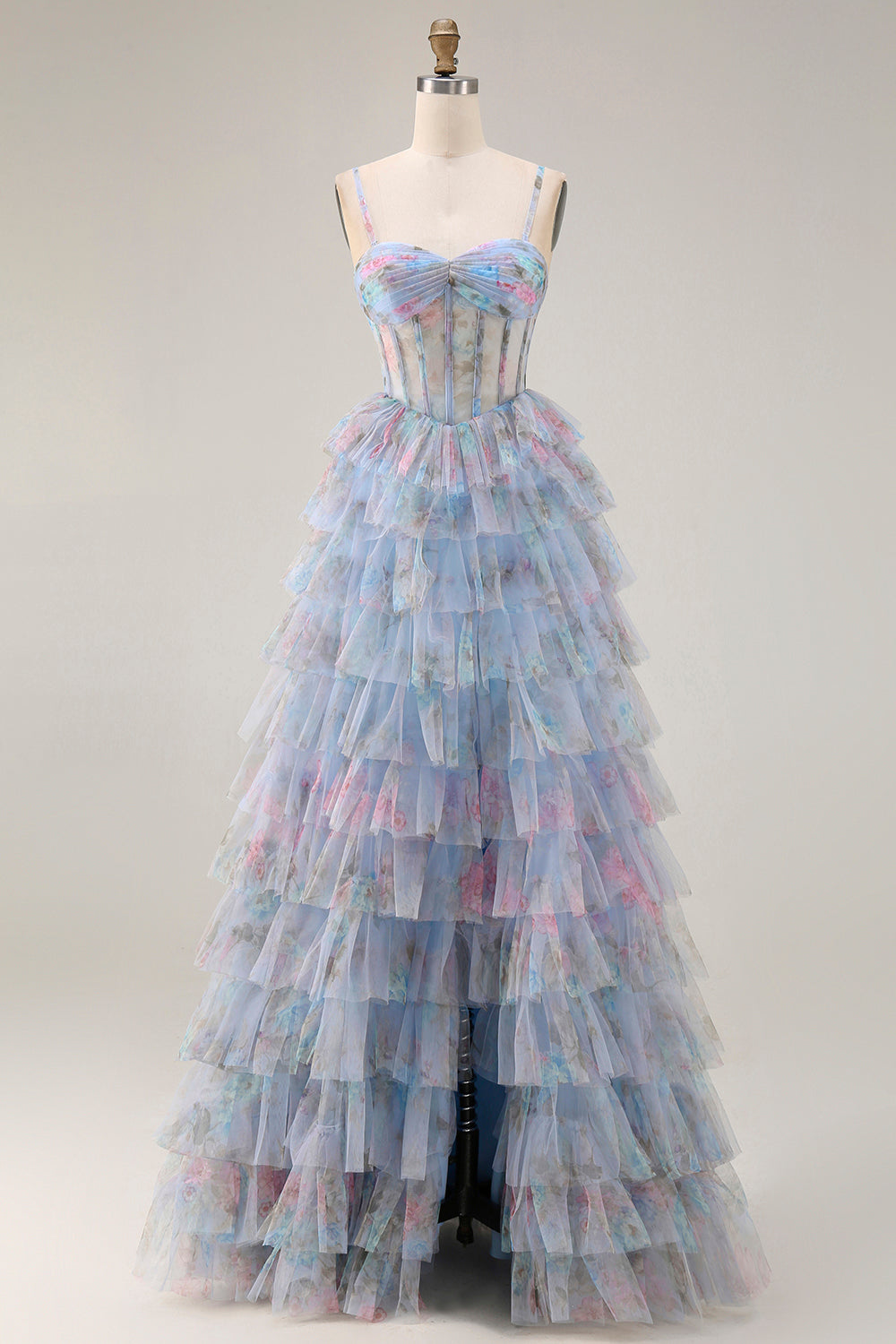 Blue Floral Tiered A-Line Corset Tulle Prom Dress With Slit