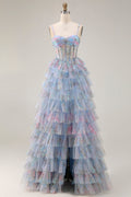 Blue Floral Tiered A-Line Corset Tulle Prom Dress With Slit