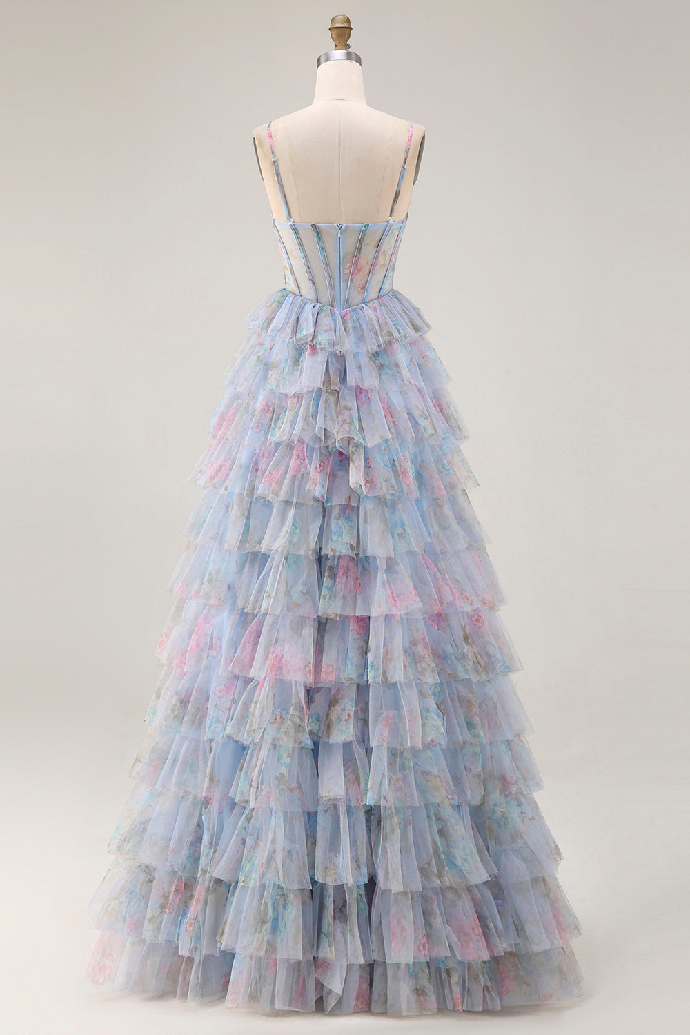 Blue Floral Tiered Corset Maxi Prom Dress