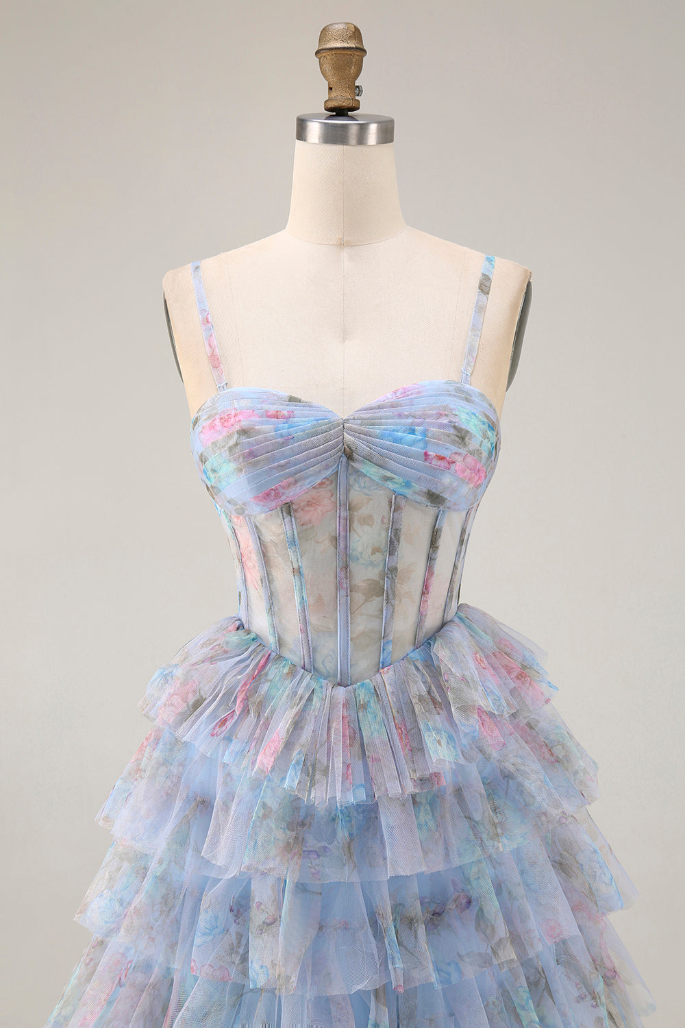 Blue Floral Tiered A-Line Corset Tulle Prom Dress With Slit