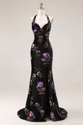 Velvet Halter Embroidered Sequin Black Floral Prom Dress