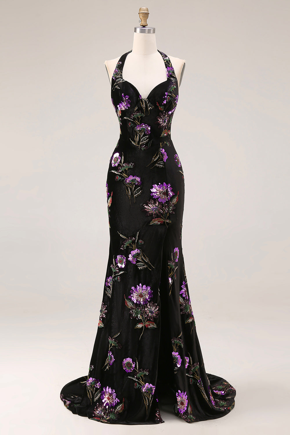 Velvet Halter Embroidered Sequin Black Floral Prom Dress
