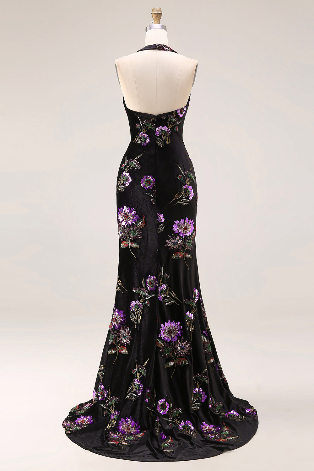 Velvet Halter Embroidered Sequin Black Floral Prom Dress