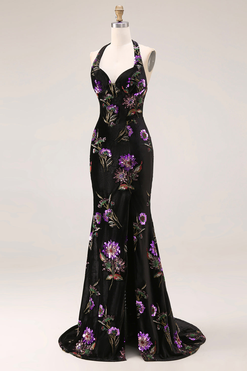Velvet Halter Embroidered Sequin Black Floral Prom Dress
