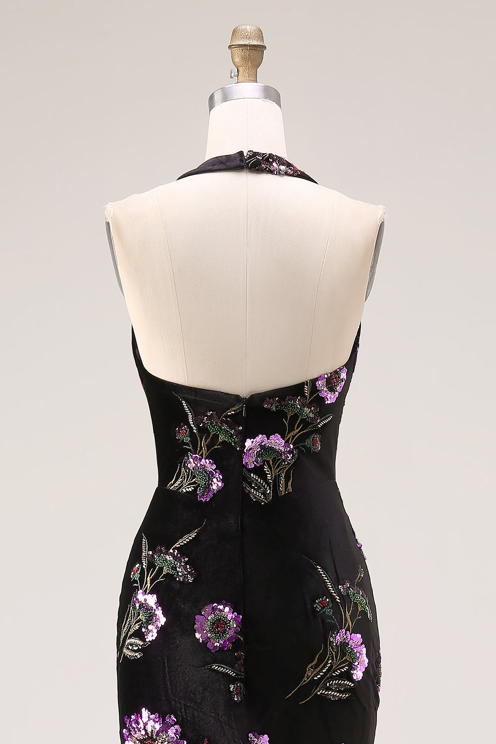Velvet Halter Embroidered Sequin Black Floral Prom Dress