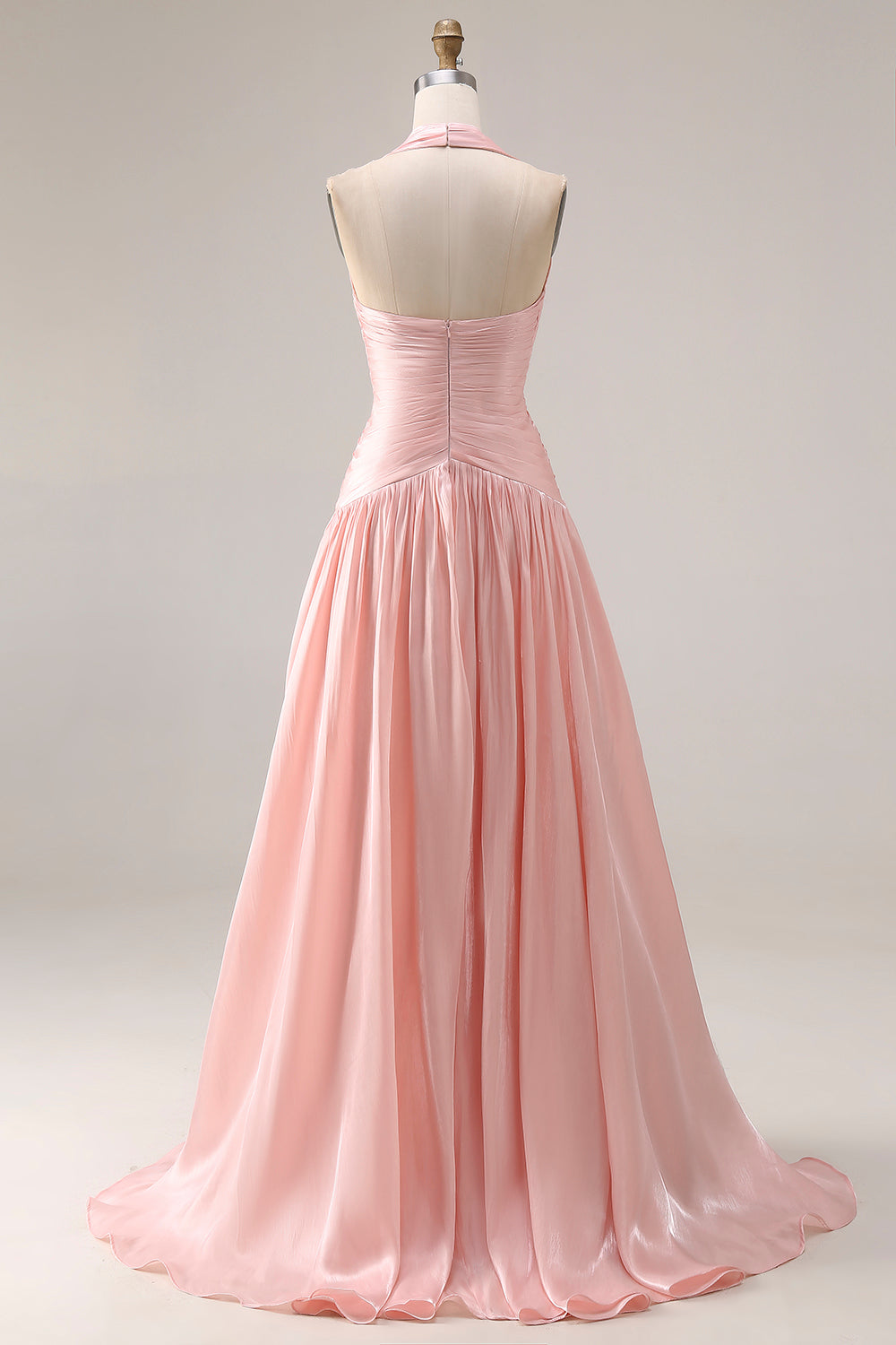 Halter Ruched A Line Blush Pink Satin Prom Dress