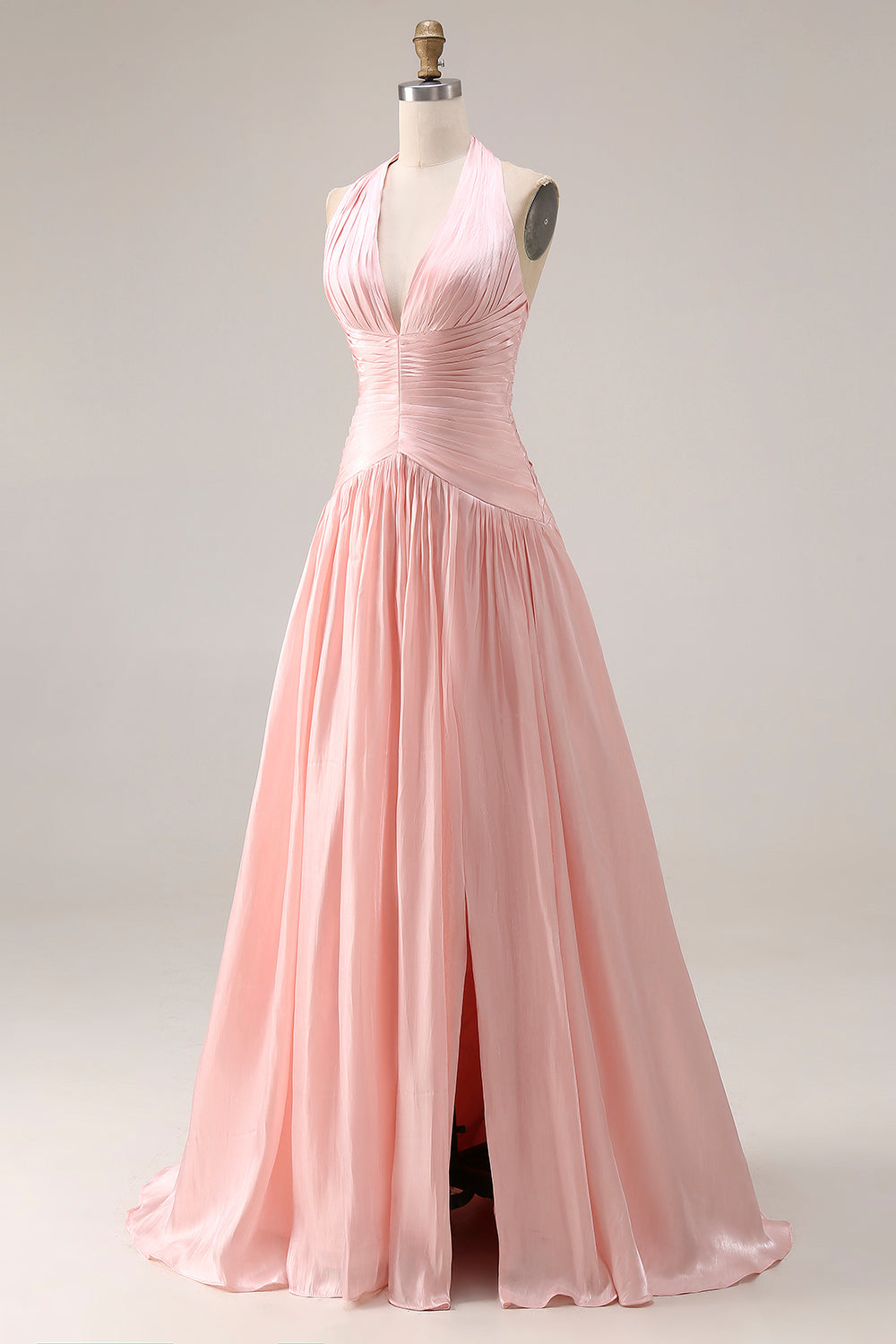 Halter Ruched A Line Blush Pink Satin Prom Dress