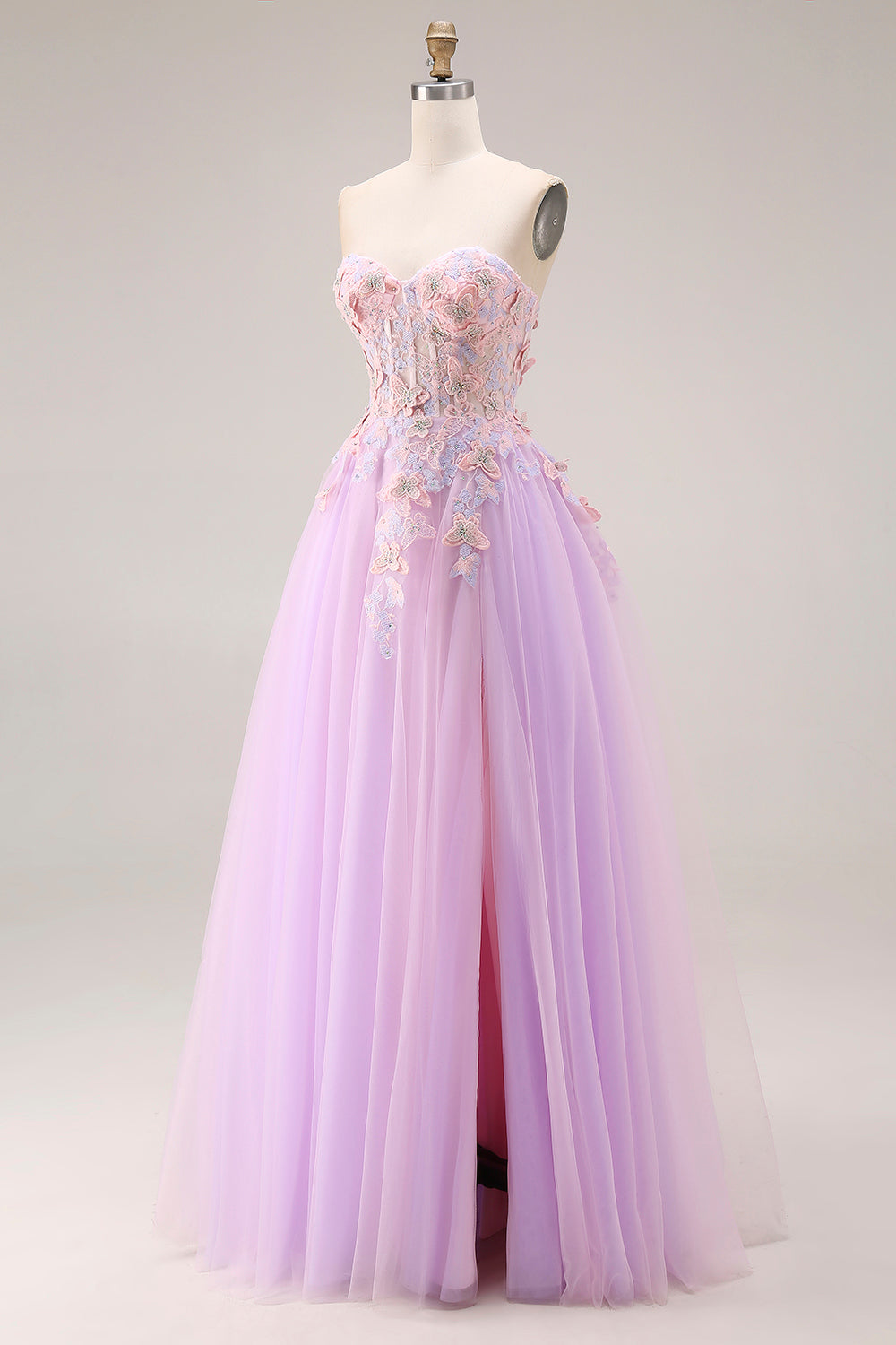 Lilac Appliqued Strapless Corset A Line Prom Dress