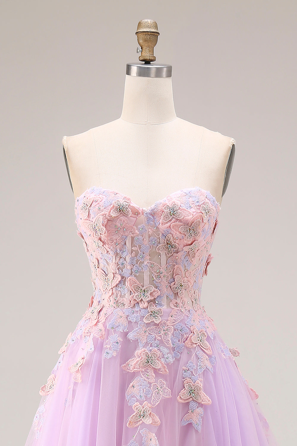 Lilac Appliqued Strapless Corset A Line Prom Dress