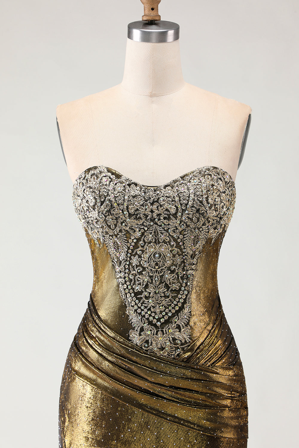 Metallic Bronze Strapless Beaded Mermaid Prom Dress With Slit