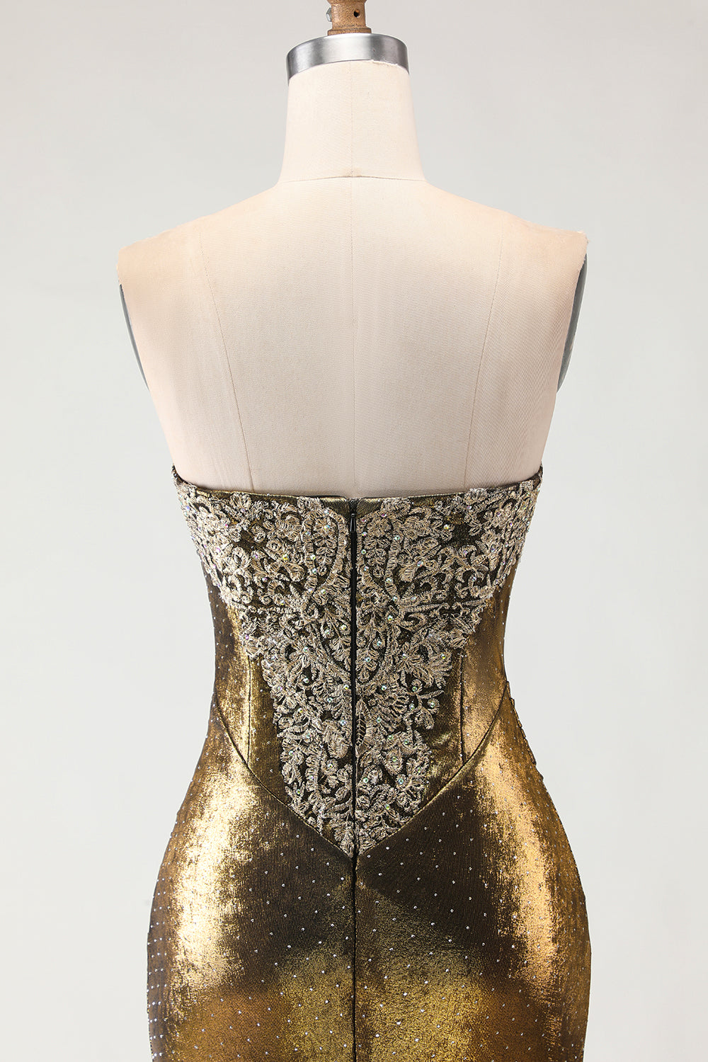Metallic Bronze Strapless Beaded Mermaid Prom Dress With Slit