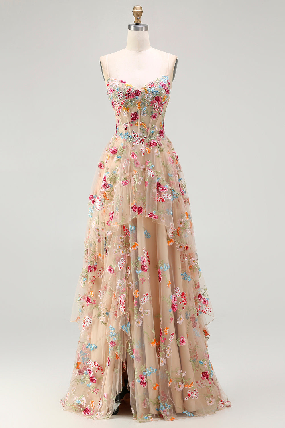 Champagne Floral Embroidered Corset A-Line Prom Dress With Slit