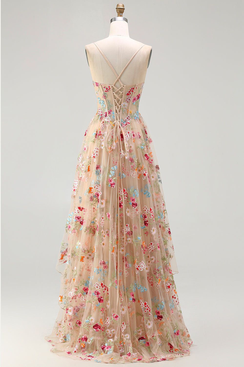 Champagne Floral Embroidered Corset A-Line Prom Dress With Slit