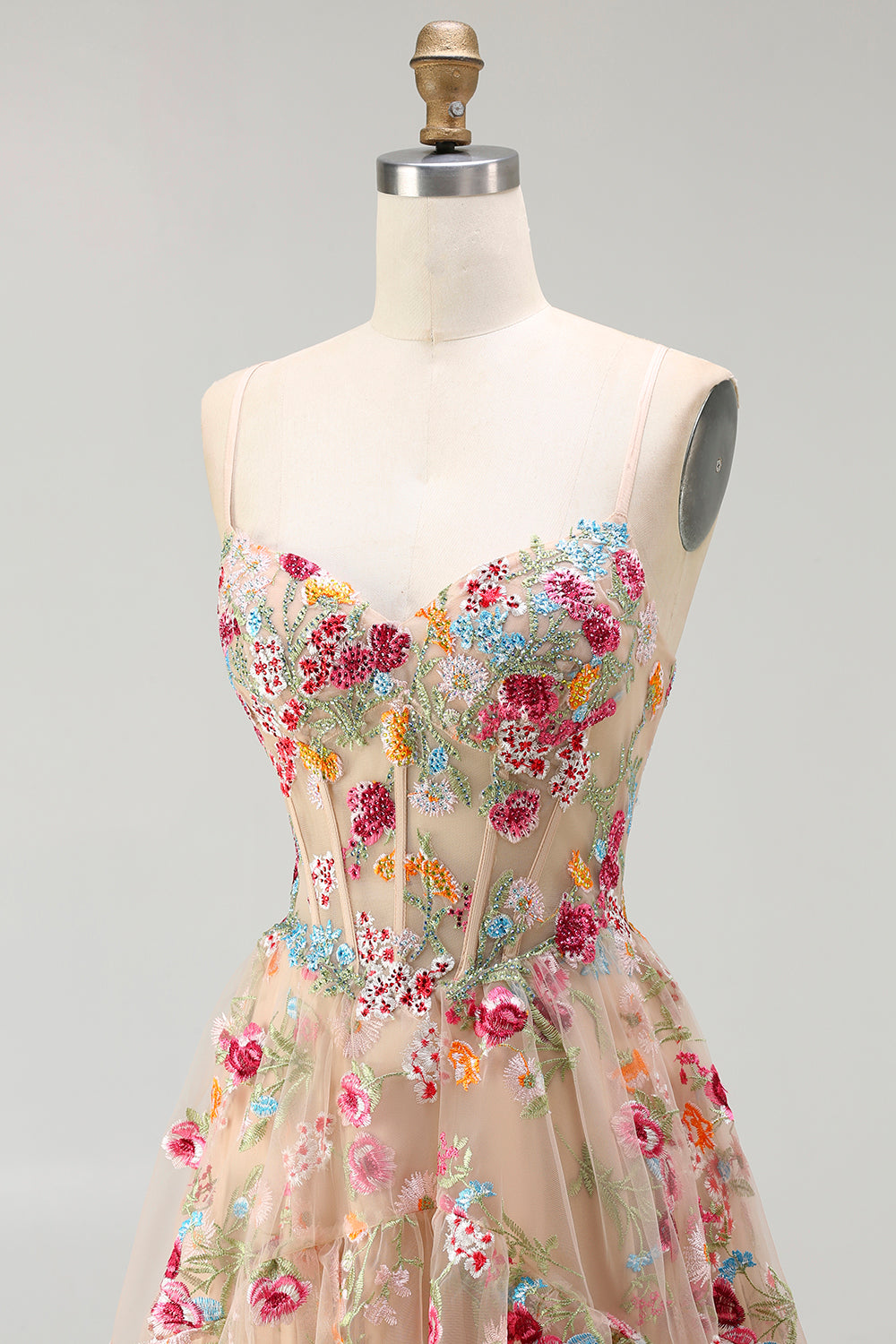 Champagne Floral Embroidered Corset A-Line Prom Dress With Slit