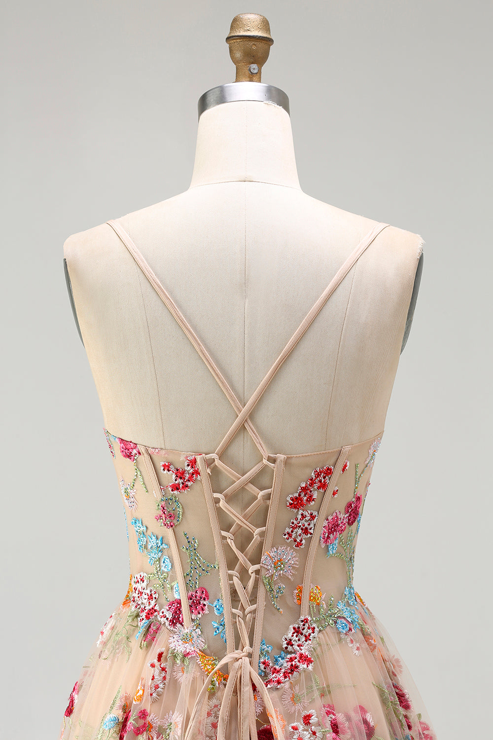 Champagne Floral Embroidered Corset A-Line Prom Dress With Slit