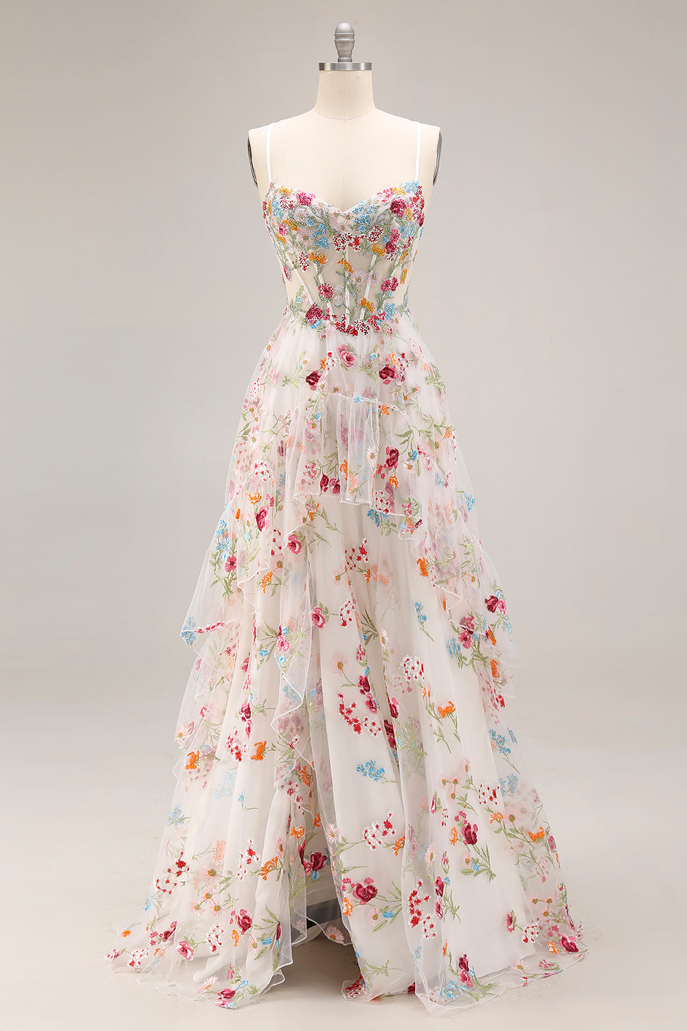 Champagne Floral Embroidered Corset A-Line Prom Dress With Slit