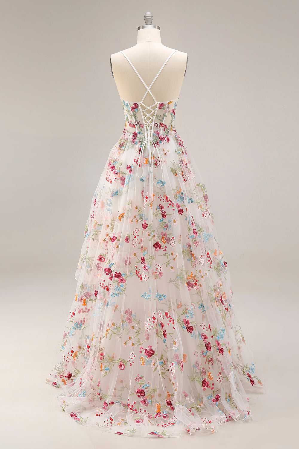Champagne Floral Embroidered Corset A-Line Prom Dress With Slit