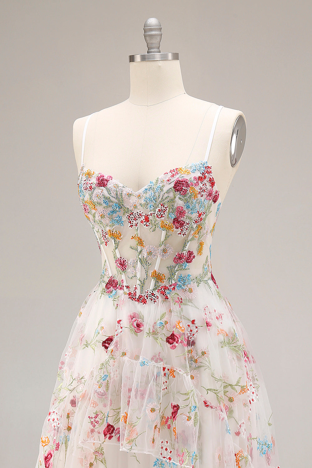 Champagne Floral Embroidered Corset A-Line Prom Dress With Slit