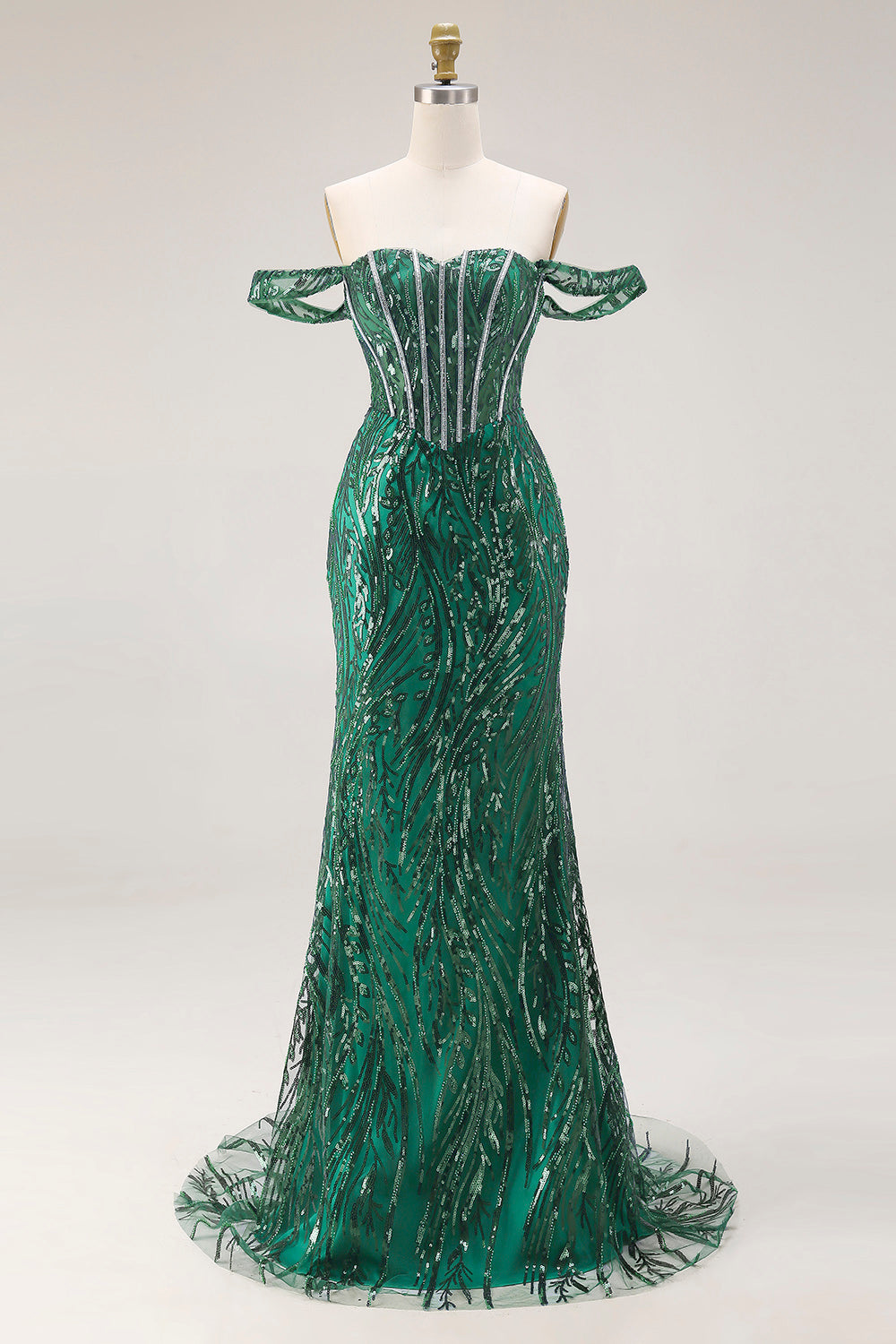 Off the Shoulder Basque Waist Dark Green Sequin Prom Dress