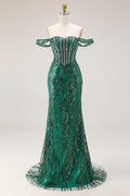 Off the Shoulder Basque Waist Dark Green Sequin Prom Dress