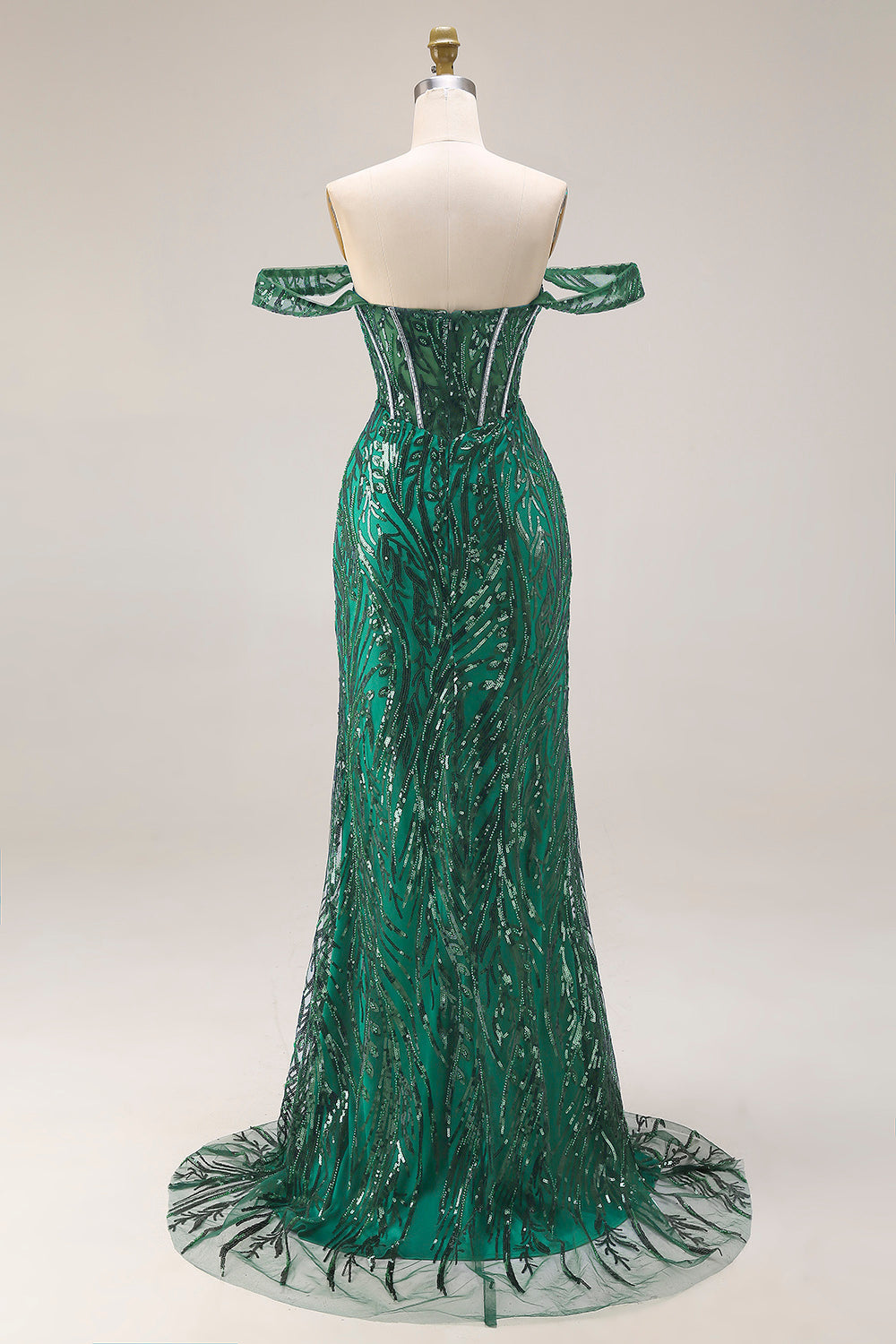 Off the Shoulder Basque Waist Dark Green Sequin Prom Dress