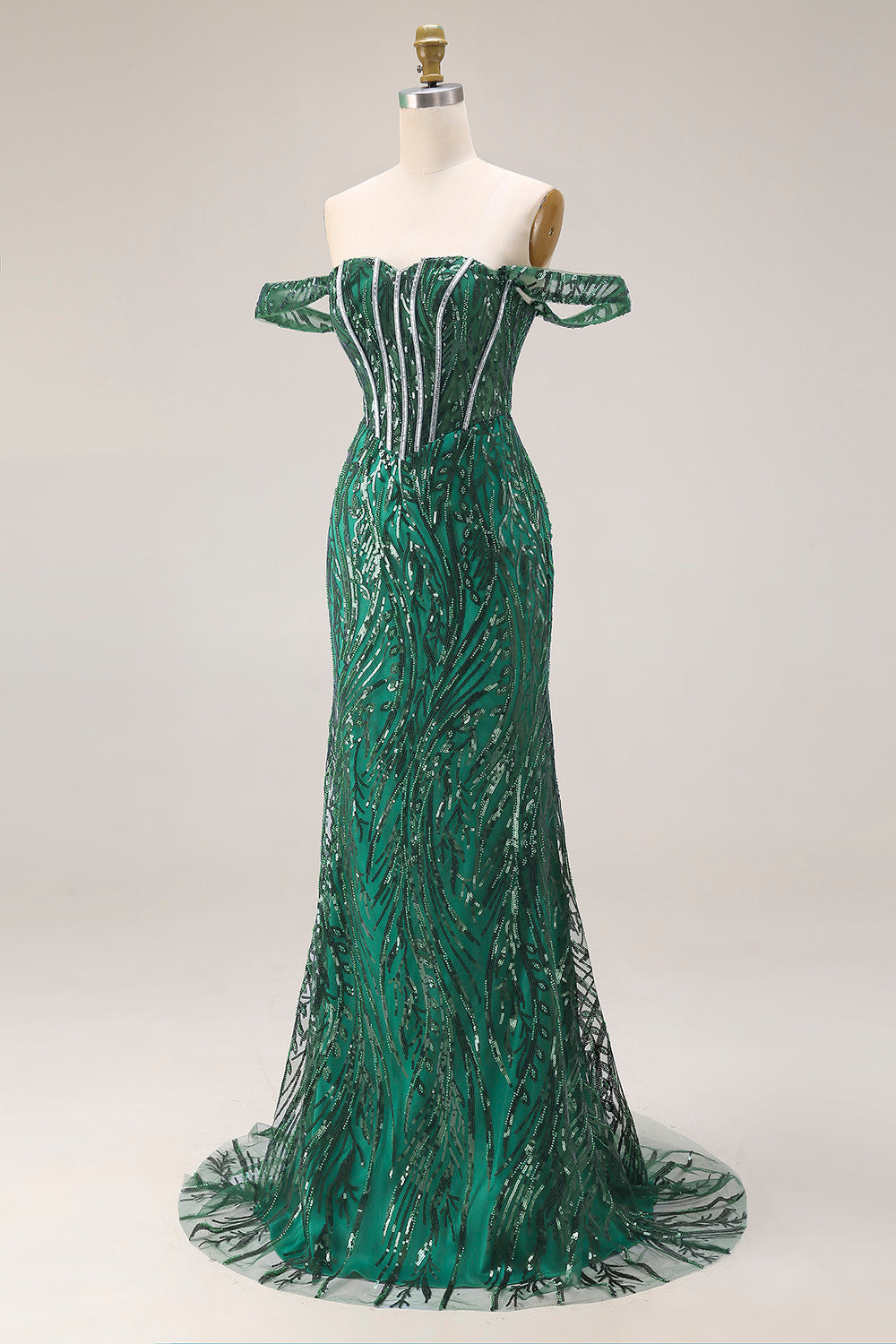 Off the Shoulder Basque Waist Dark Green Sequin Prom Dress