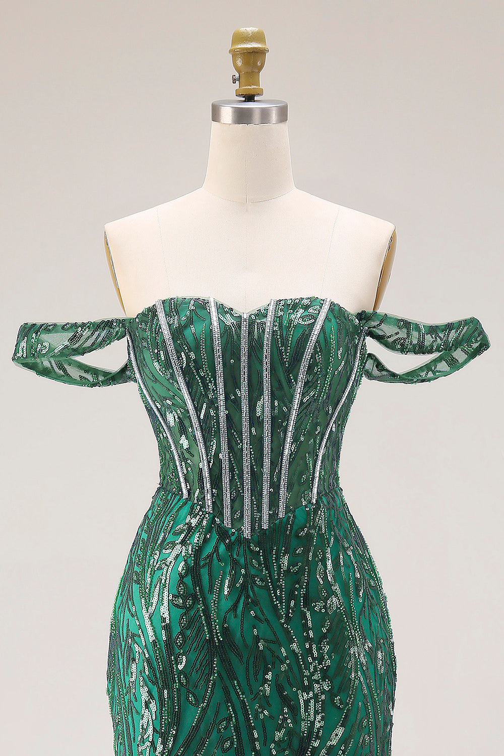 Off the Shoulder Basque Waist Dark Green Sequin Prom Dress