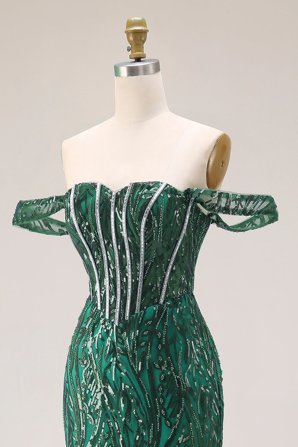 Off the Shoulder Basque Waist Dark Green Sequin Prom Dress