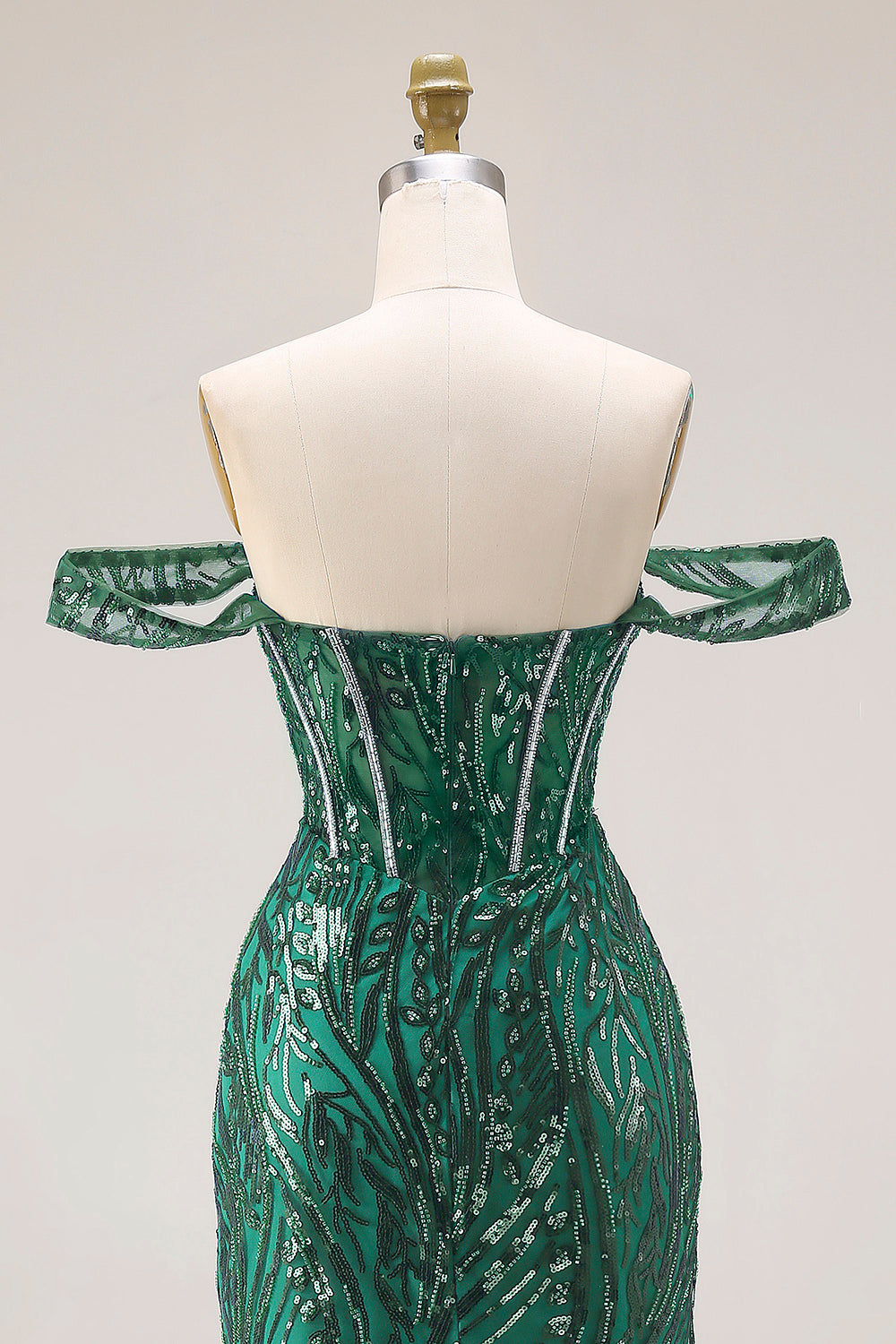 Off the Shoulder Basque Waist Dark Green Sequin Prom Dress