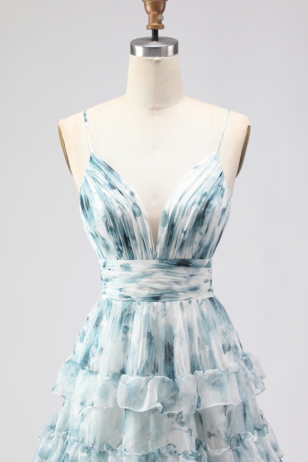 Blue A-Line Tiered Floral Prom Dress With Slit