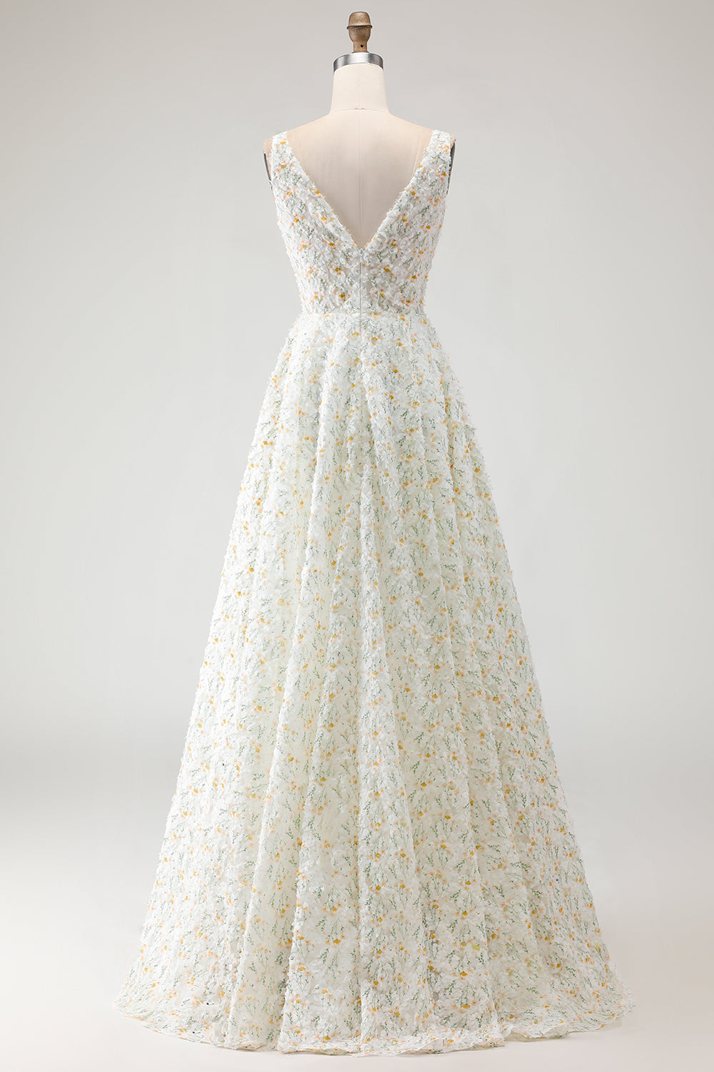 White Yellow Flower A-Line V-Neck Maxi Prom Dress