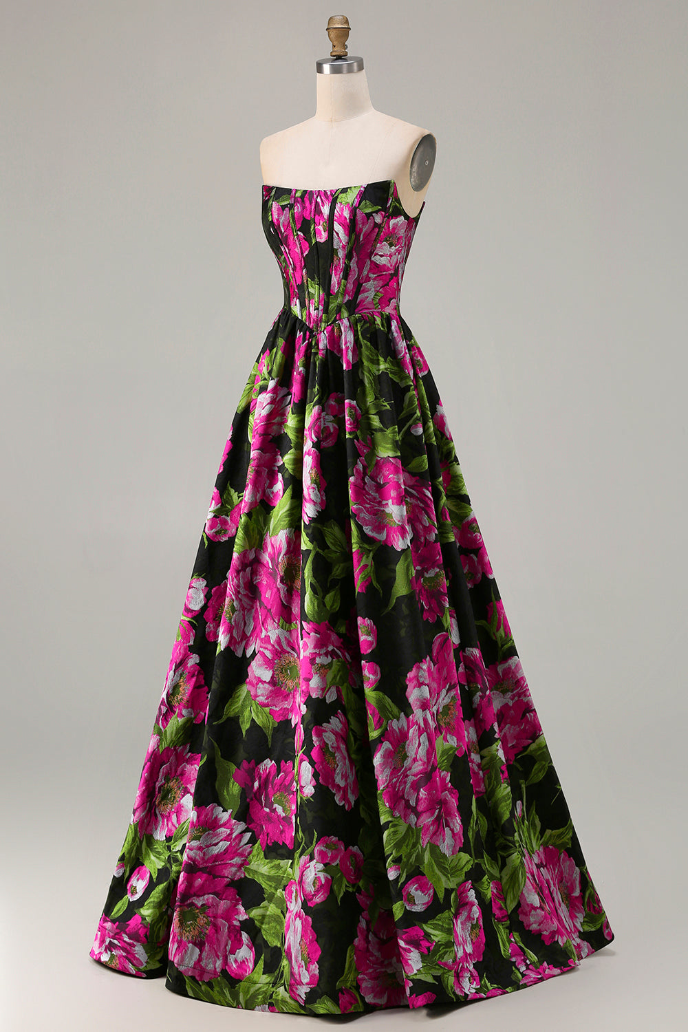 Black Strapless A-Line Corset Print Floral Maxi Prom Dress